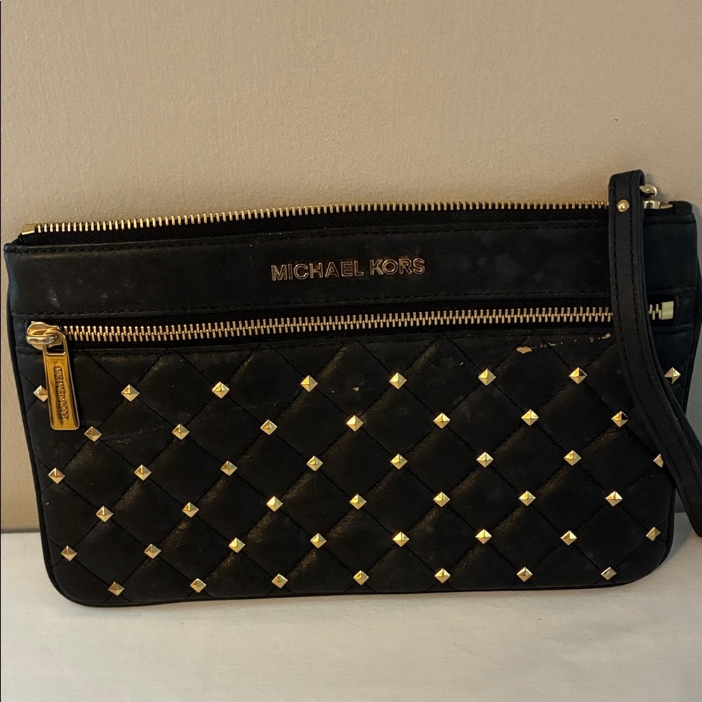 Michael Kors Black Quilted Clutch with Gold Accents